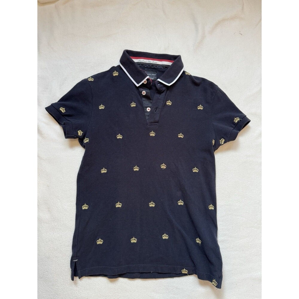 Zara Man Polo Shirt All Over Embroidered Crown Logo Black Gold Size Small S